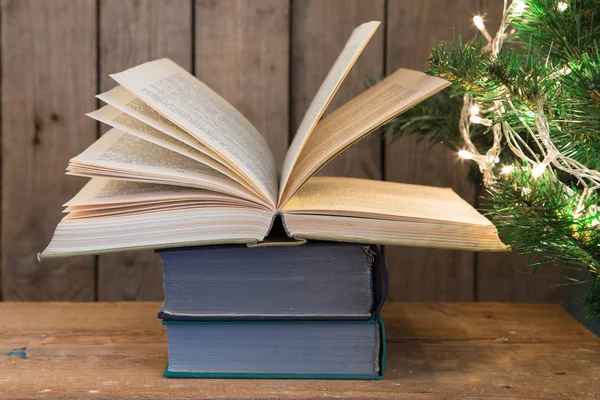 Old Books Christmas Tree Wooden Background — Stock Photo, Image