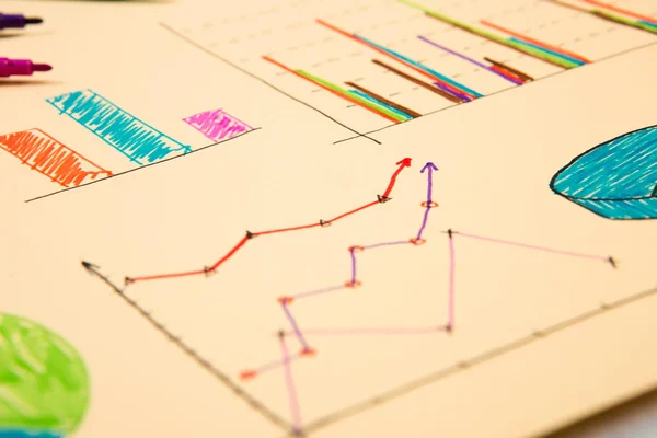 Financiële diagrammen getekend met gekleurde pennen — Stockfoto