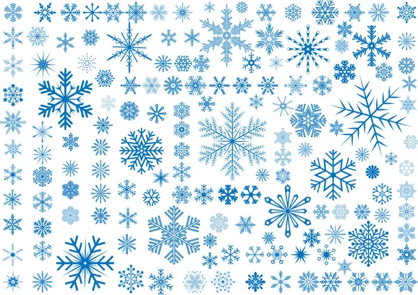 さまざまな形 白青の 150 の分離雪片のセット — ストックベクタ