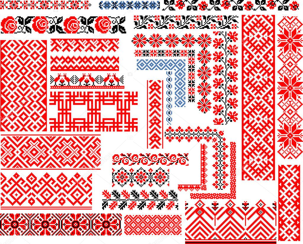 Set of 30 editable colorful seamless ethnic patterns for embroidery stitch, floral and geometrsc. Borders and frames.