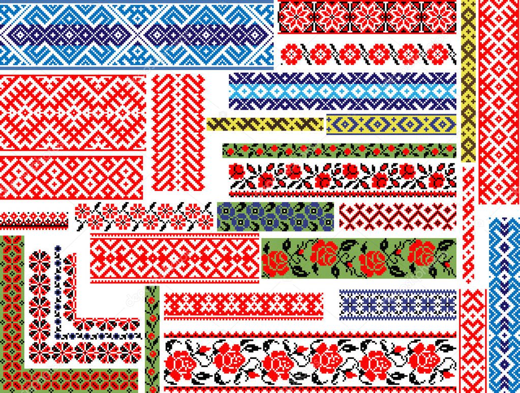 Set of 30 editable colorful seamless ethnic patterns for embroidery stitch, floral and geometrsc. Borders and frames.