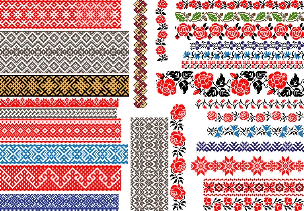 刺繍ステッチのための編集可能な伝統的なシームレスな民族パターンのセット ヴィンテージの花と幾何学的な装飾 — ストックベクタ