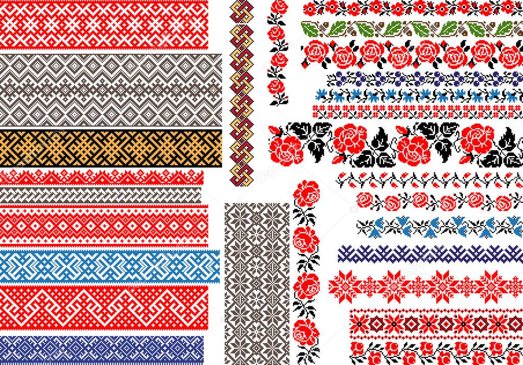 Set of editable traditional seamless ethnic patterns for embroidery stitch. Vintage floral and geometric ornaments. 