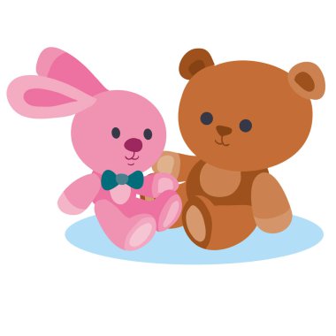 pelüş oyuncaklar oyuncak ayı ve tavşan, düz, izole nesne beyaz arka planda, vektör illüstrasyon,