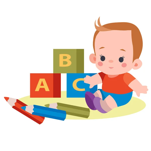 Niño se sienta entre cubos con letras y lápices, plana, objeto aislado sobre fondo blanco, ilustración vectorial , — Archivo Imágenes Vectoriales