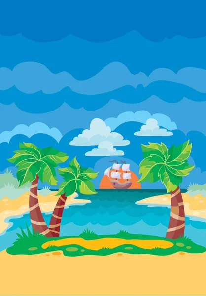 Fondo para el juego de playa de buques de palma, isla, mar, cielo azul, ilustración de vectores , — Vector de stock