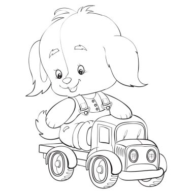 Oyuncak kamyona binen oyuncak bir köpeğin robot resmi, renkli, beyaz arka planda izole edilmiş bir nesne, vektör illüstrasyonu,