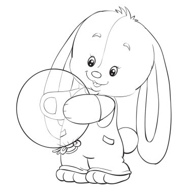 Beyaz arkaplanda bir balon, renkli, izole bir nesne taşıyan oyuncak tavşan çizimi, vektör illüstrasyonu,