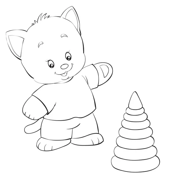 Schets van een kitten die gaat spelen met een speelgoedpiramide, kleuring, geïsoleerd object op een witte achtergrond, vectorillustratie, — Stockvector