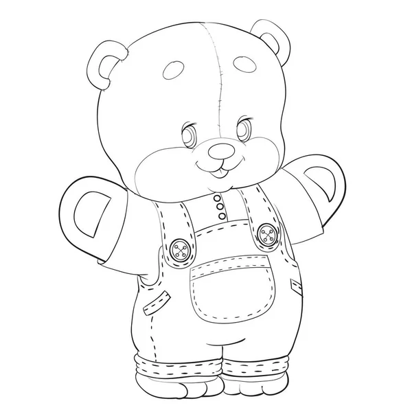 Skizze eines kleinen Teddybären in Jeanshose, Färbung, isoliertes Objekt auf weißem Hintergrund, Vektorillustration, — Stockvektor