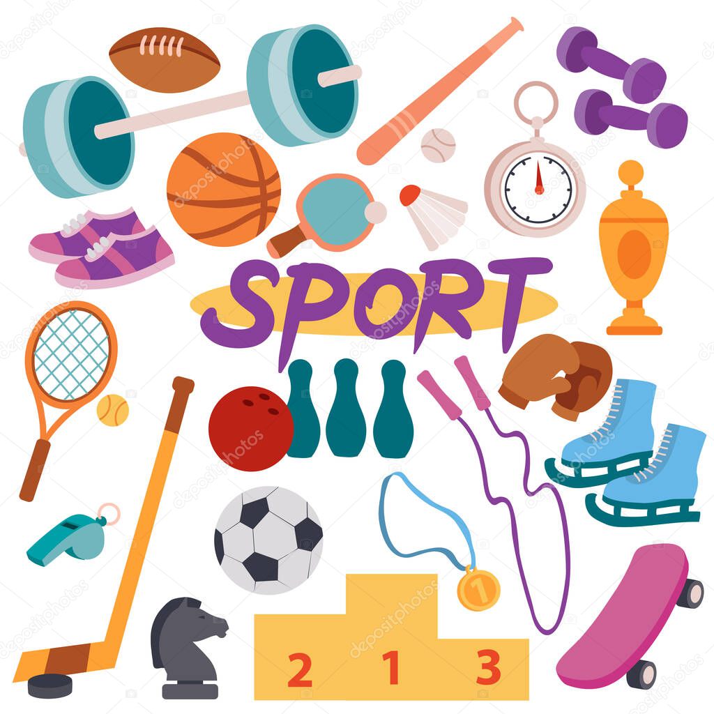 set of sports equipment, isolated object on white background, vector illustration,