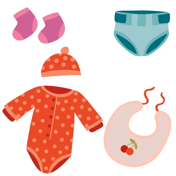 Babykläder, strumpor, haklapp, blöja, hätta, sparkcykel, platt, isolerat objekt på en vit bakgrund, vektor illustration, — Stock vektor