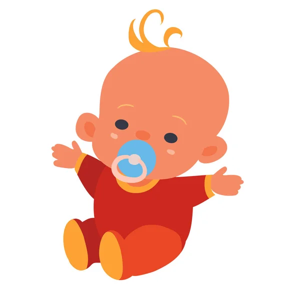 Bebé en un traje rojo y con un chupete azul, plano, objeto aislado sobre un fondo blanco, ilustración vectorial , — Vector de stock