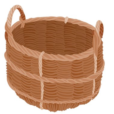 Bahçeden hasat için kahverengi hasat sepeti, beyaz arka planda düz, izole nesne, vektör illüstrasyonu,