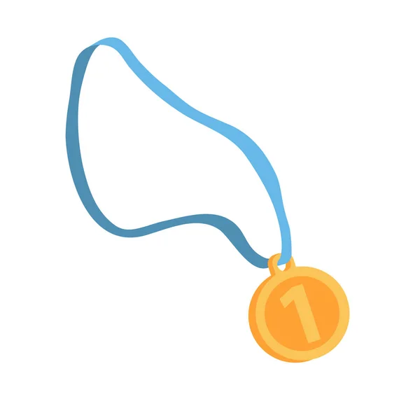 Médaille d'or sportive sur ruban bleu, plat, dessin animé, objet isolé sur fond blanc, illustration vectorielle , — Image vectorielle