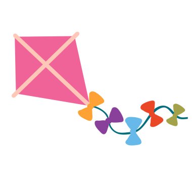 Beyaz zemin üzerinde renkli yaylı şirin uçurtma, düz, izole nesne, vektör illüstrasyonu, ep