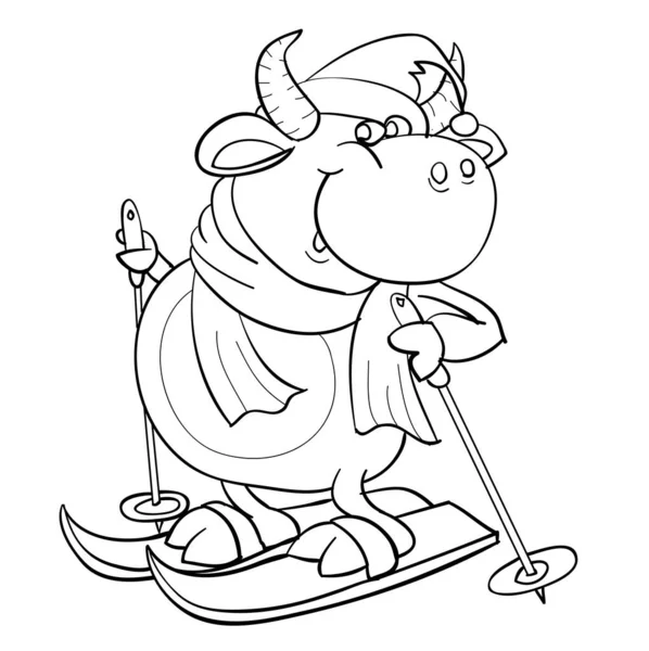 Bull Winter Hat Shary Skiing Cartoon Illustration Sketch Coloring Symbol — Stock Vector