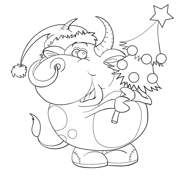 Bull Christmas Hat Holding Christmas Tree Decorated Balls Cartoon Illustration — Stock Vector