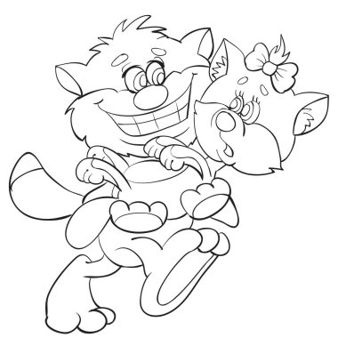 skeç, kedi bir kedi taşıyor, aşk, bahar, çizgi film çizimi, renklendirme, beyaz arka planda izole edilmiş nesne, vektör illüstrasyonu,