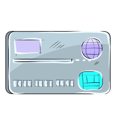 İnternette ve mağazada satın alımları karşılamak için plastik bir banka kartı çizimi, karikatür çizimi, beyaz arka planda izole edilmiş nesne, vektör illüstrasyonu,