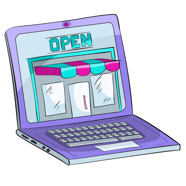 Winkel Met Een Vitrine Een Laptop Commerce Cartoon Illustratie Geïsoleerd — Stockvector