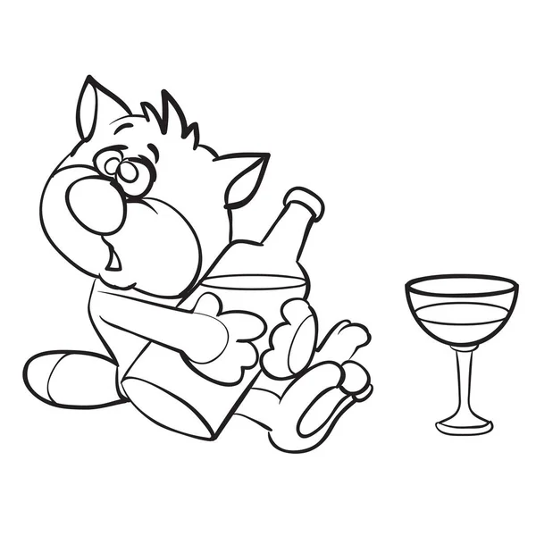 スケッチ猫はボトルからワインをグラスに注ぐアルコール依存症漫画イラスト白い背景に隔離された物ベクトルイラストEps — ストックベクタ