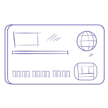 İnternette ve mağazada satın alımları karşılamak için plastik bir banka kartının robot resmini çizmek, karikatür çizimi, beyaz arkaplandaki izole nesne, vektör çizimi,