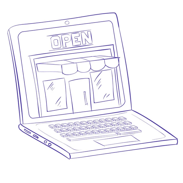 Loja Esboços Com Uma Vitrine Laptop Commerce Ilustração Desenhos Animados — Vetor de Stock