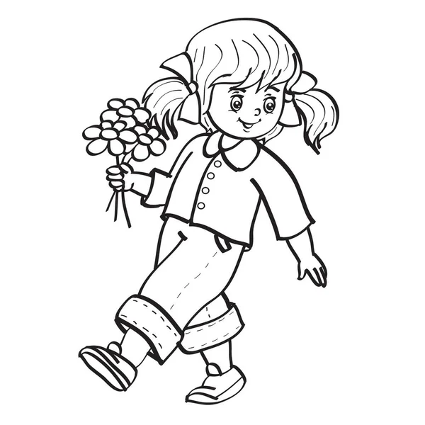 Sketch Little Girl Holding Large Bouquet Flowers Coloring Isolated Object — Stock Vector