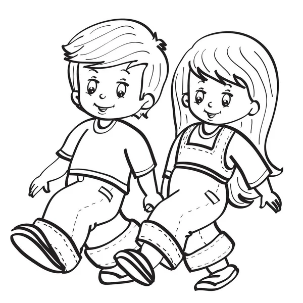 少女と少年は手を取り合ってどこかへ行きスケッチをし白い背景に孤立した物体を描きます — ストックベクタ
