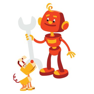 Elinde büyük bir ingiliz anahtarı ve yanında mekanik bir köpek olan robot, karikatür çizimi, beyaz arka planda izole edilmiş nesne, vektör illüstrasyonu,