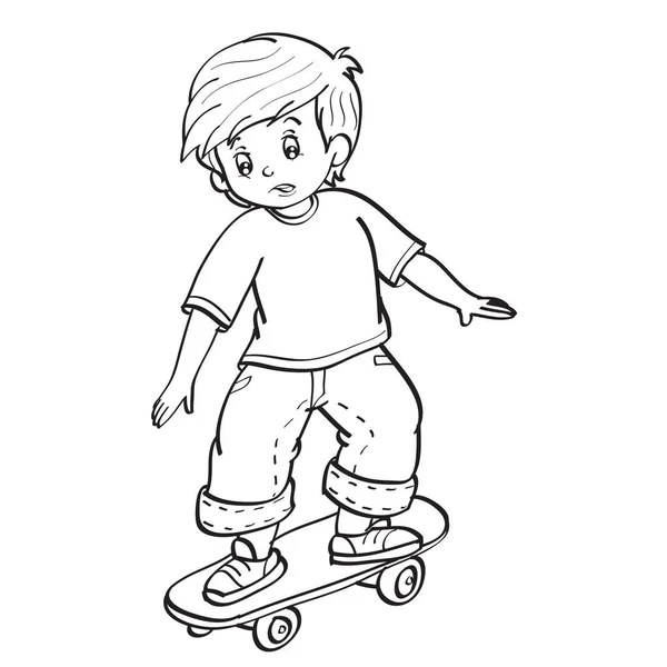 Sketch Boy Who Learns Ride Skateboard Fear Coloring Isolated Object — Stock Vector