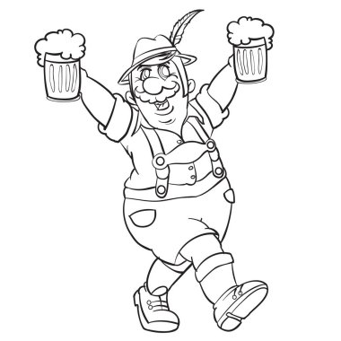 Şapkalı ve şortlu bir adamın robot resmi bir sürü bira bardağı, renkli, beyaz arka planda izole edilmiş nesne taşıyor.