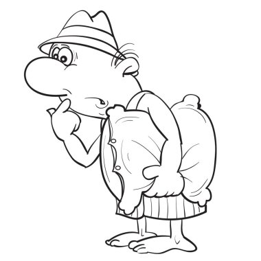 Şort giyen bir adamın karikatürü ve koltuk altında yastıklı bir şapka, çizim, beyaz arka planda izole edilmiş bir nesne, vektör çizimi,