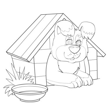 Büyük bir köpeğin kabinde oturup bir kase suyun, boyama kitabının, karikatür çiziminin beyaz arka planda izole edilmiş bir nesnenin, vektör illüstrasyonunun,