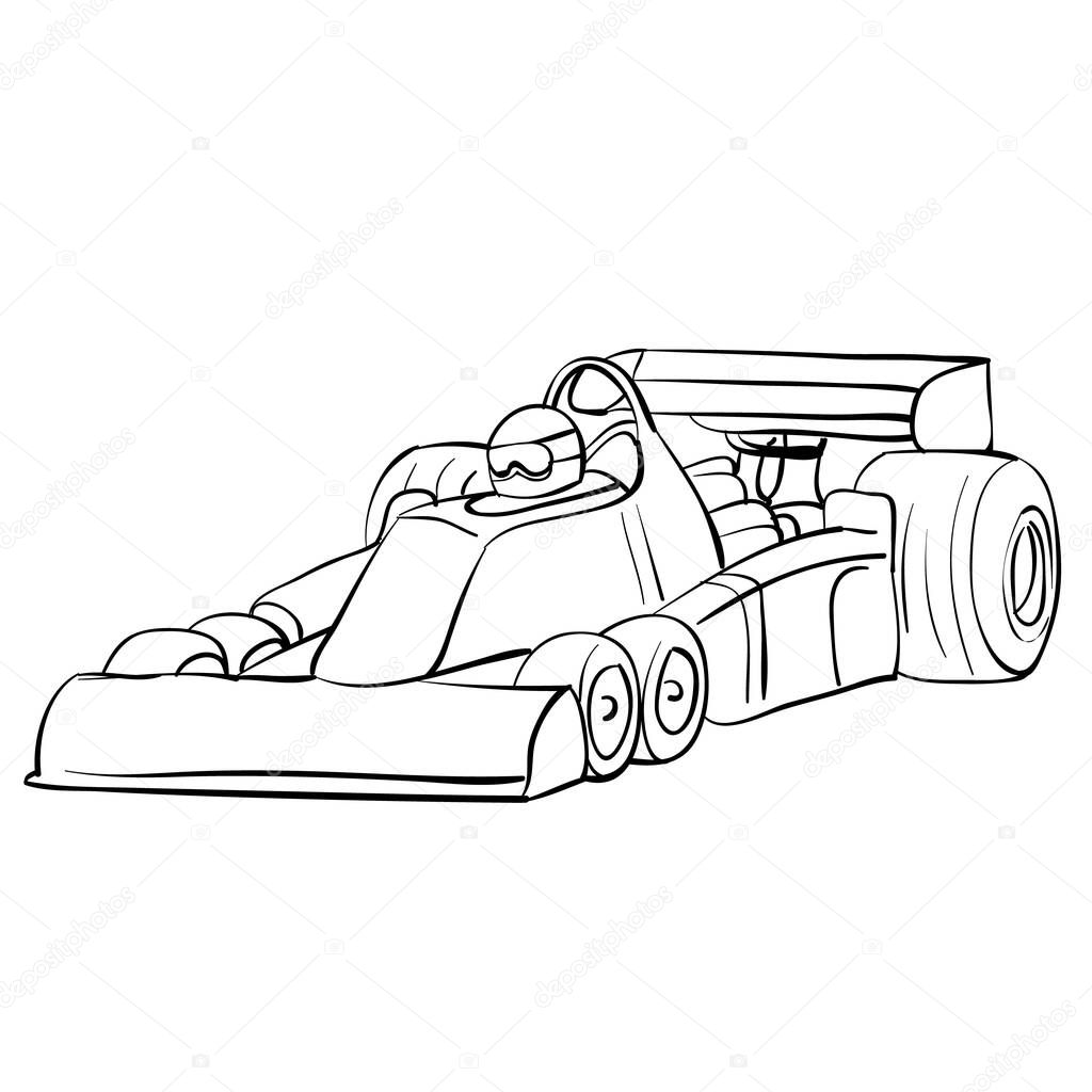 racing car sketch, ship, coloring book, isolated object on white background, vector illustration, eps