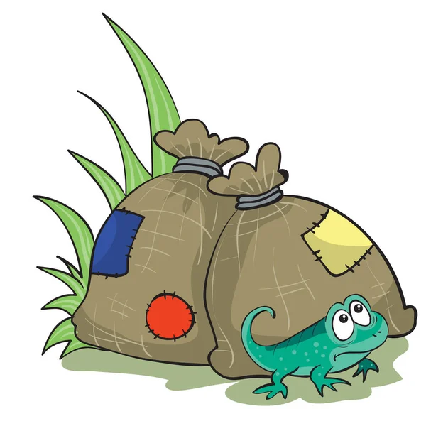 小翡翠蜥蜴 背景在两个装有彩色斑块的大袋子上 卡通插图 白色背景上的孤立物体 矢量插图 — 图库矢量图片
