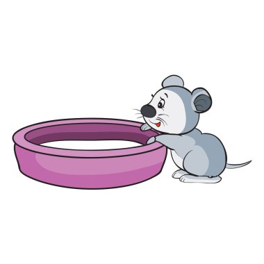 Küçük gri bir fare, sütün döküldüğü büyük bir kasenin yanında oturur, karikatür çizimi, beyaz arka planda izole bir nesne, vektör illüstrasyonu,