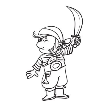 Elinde büyük bir bıçak tutan bir korsanın robot resmi, renk, illüstrasyon karikatürü, vektör çizimi,