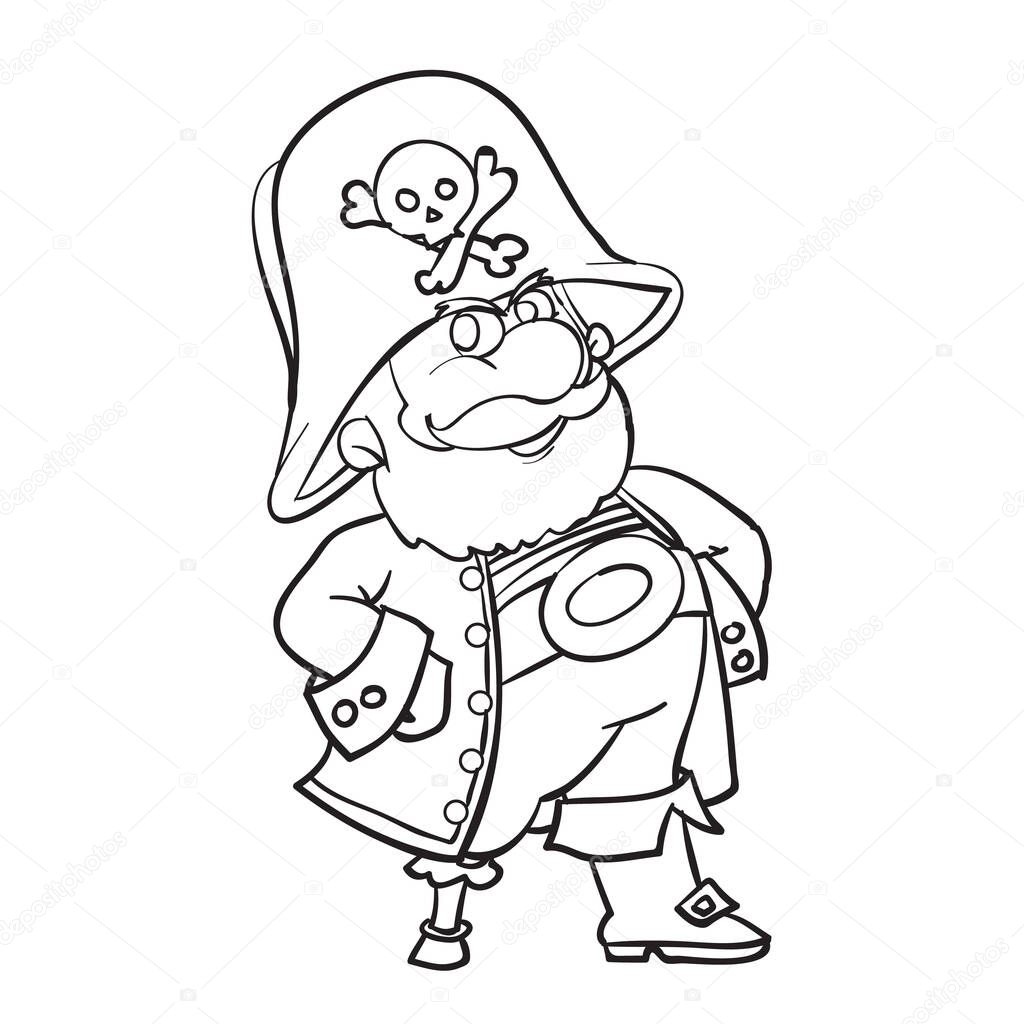 sketch of a pirate with one leg in a big pirate hat, coloring book, cartoon illustration, vector illustration, eps