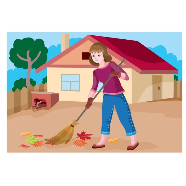 Mujer Barrer Hojas Alrededor Casa Con Una Escoba Patio Ilustración — Vector de stock