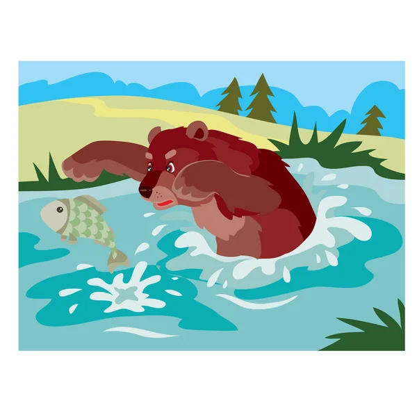 Orso Nello Stagno Autunno Cattura Pesci Con Zampe Illustrazione Vettoriale — Vettoriale Stock