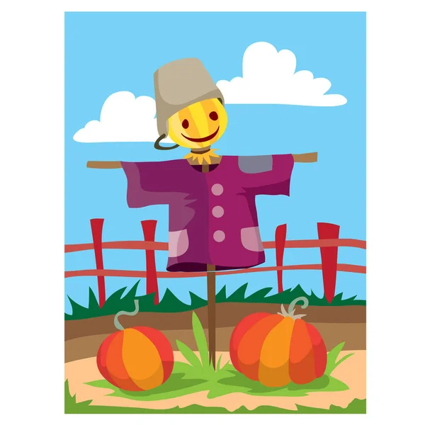 Two Large Pumpkins Ripe Garden Fall Guarded Scarecrow Garden Fenced — Stock Vector