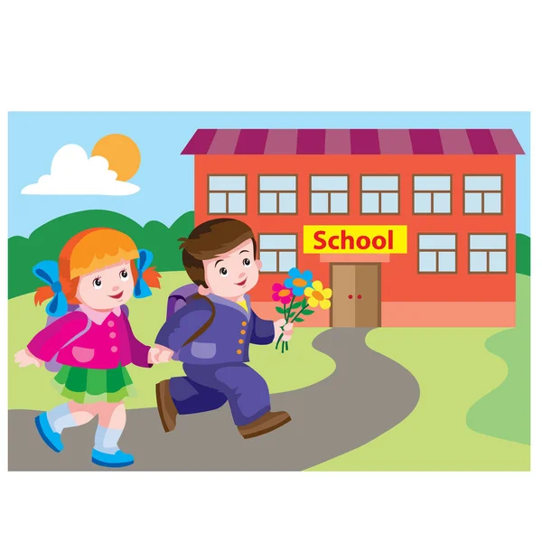 子供も男の子も女の子も楽しくバックパックを持って秋から秋にかけて学校へ漫画イラストベクターEps — ストックベクタ