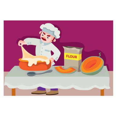 Şükran Günü 'nde şef bir balkabağı turtası hazırlar. Masada un ve balkabağı vardır. Çizgi film çizimleri, çizimler, vektörler...