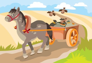 Tarladan tahıl dolu çantalarla dönen bir at. Yanında bir kuş sürüsü, çizgi film illüstrasyonları, vektörler...