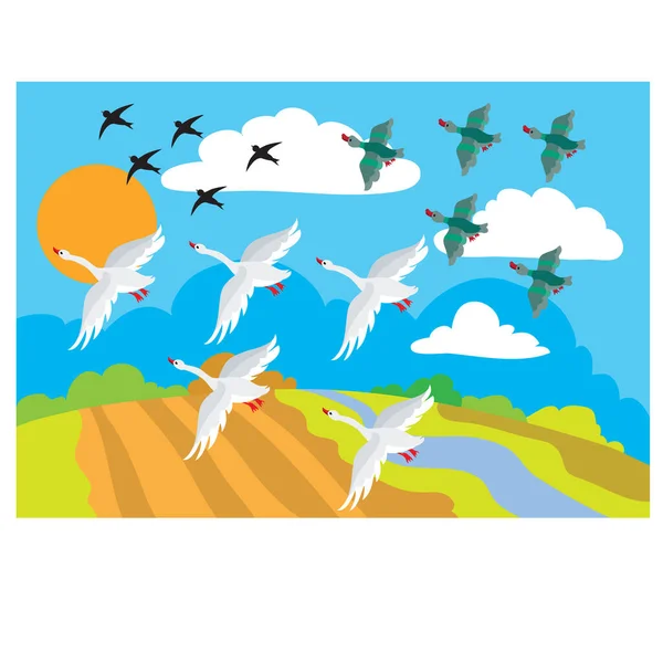 秋になると鳥は暖かい土地学校漫画イラストベクトルEpsに飛び立ち — ストックベクタ
