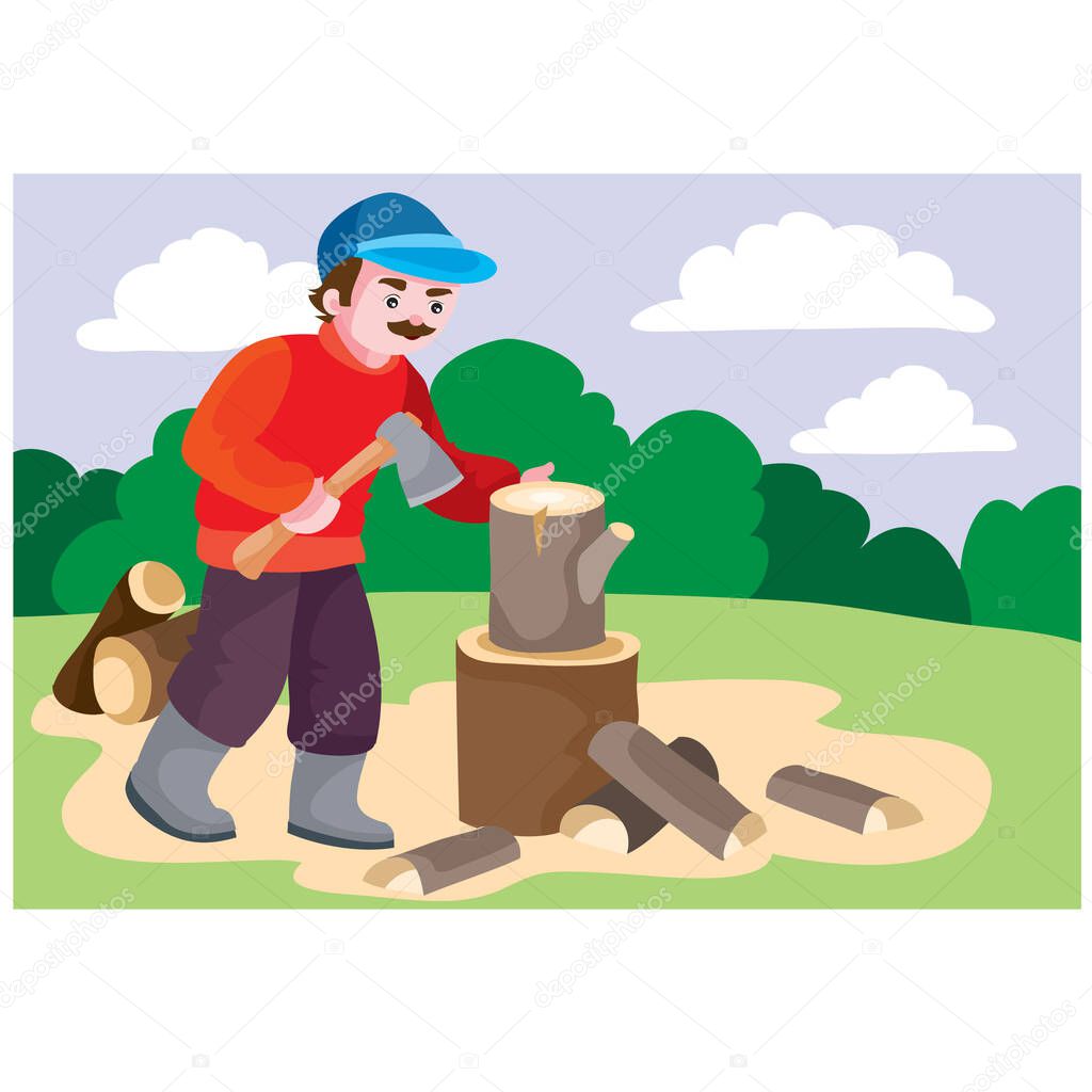 a man in a red sweater pricks a stump on the firewood with an ax, picnic, raota around the house, cartoon illustration, vector, eps