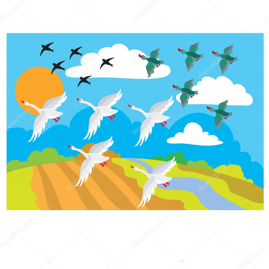 in autumn, birds fly to warm lands, schools, cartoon illustration, vector eps