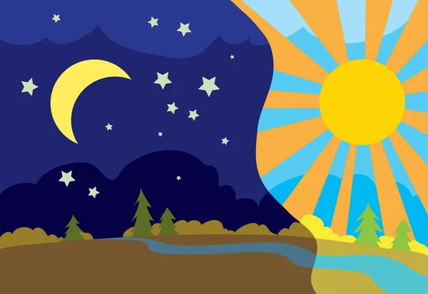 Outono Paisagem Noite Dia Lua Sol Tempo Desenho Animado Ilustração — Vetor de Stock